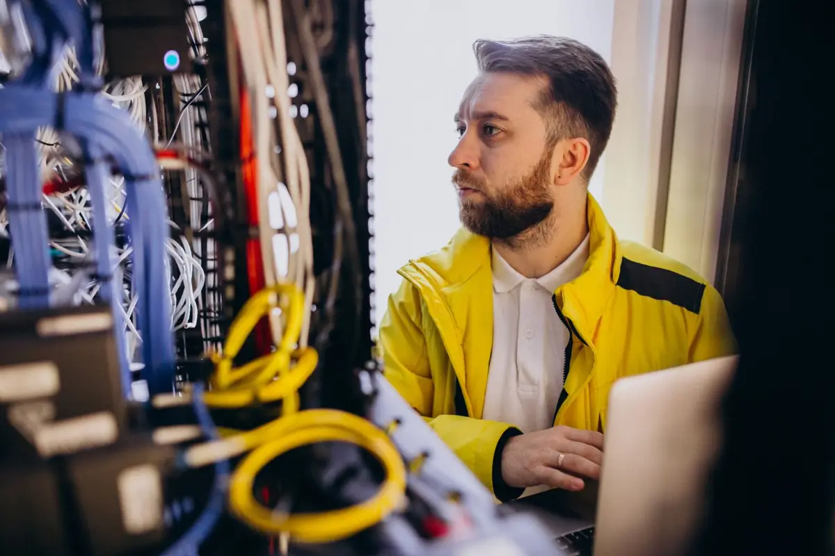 Technician working on network equipment inside an R.F. Mote rack
